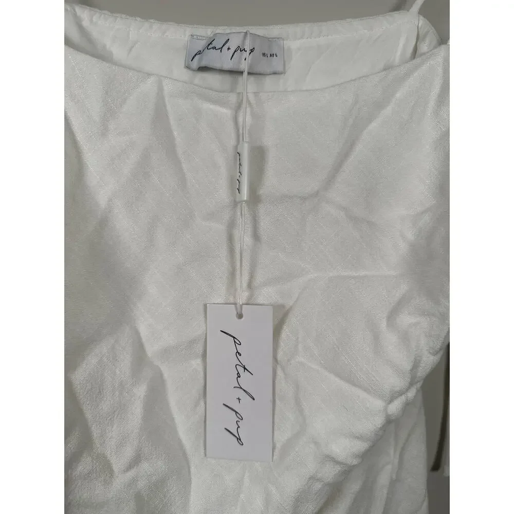 Petal & Pup New Sawyer Mini Dress White Size Large Tie Strap Linen Blend Lined